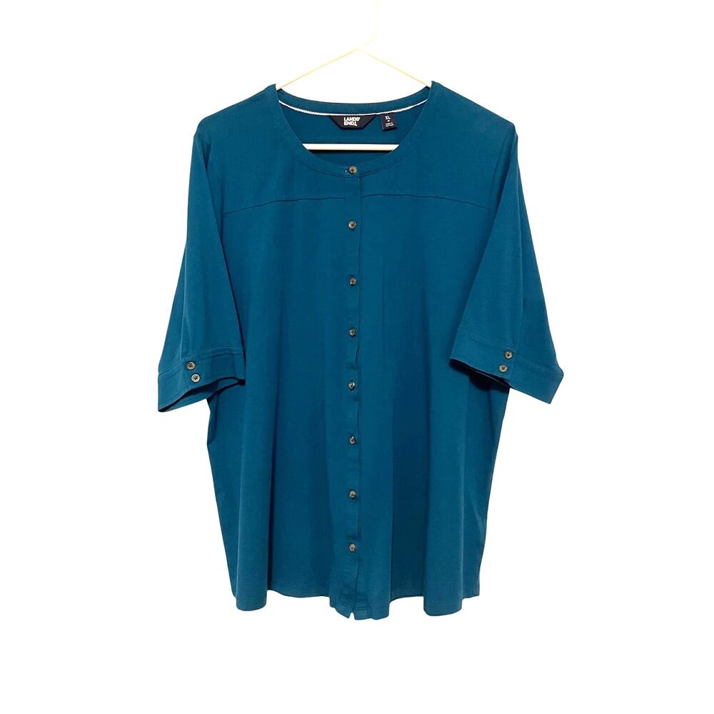 Lands' End Blue Short Sleeve Button Top Cotton Stretch XL 18 Casual Minimalist